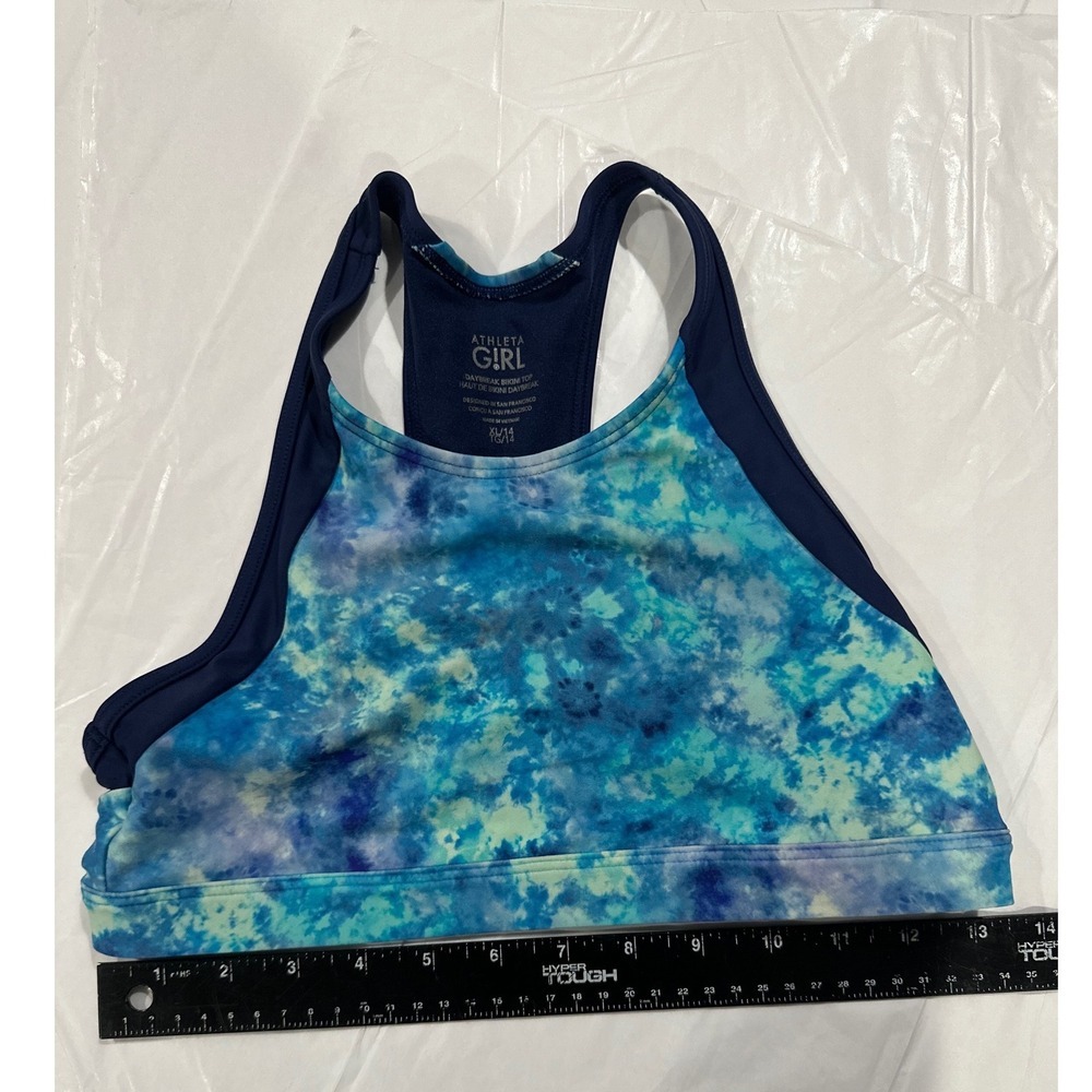 Athleta Girl Daybreak Bikini Top XL Blue Teal Tie Dye High Neck Racerback Swim